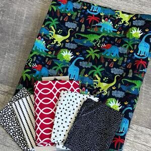 Fabric Bundle Cotton Dinos 1/2yd ~ Red Loopy 1yd ~ Black White 4pc Fat Quarters